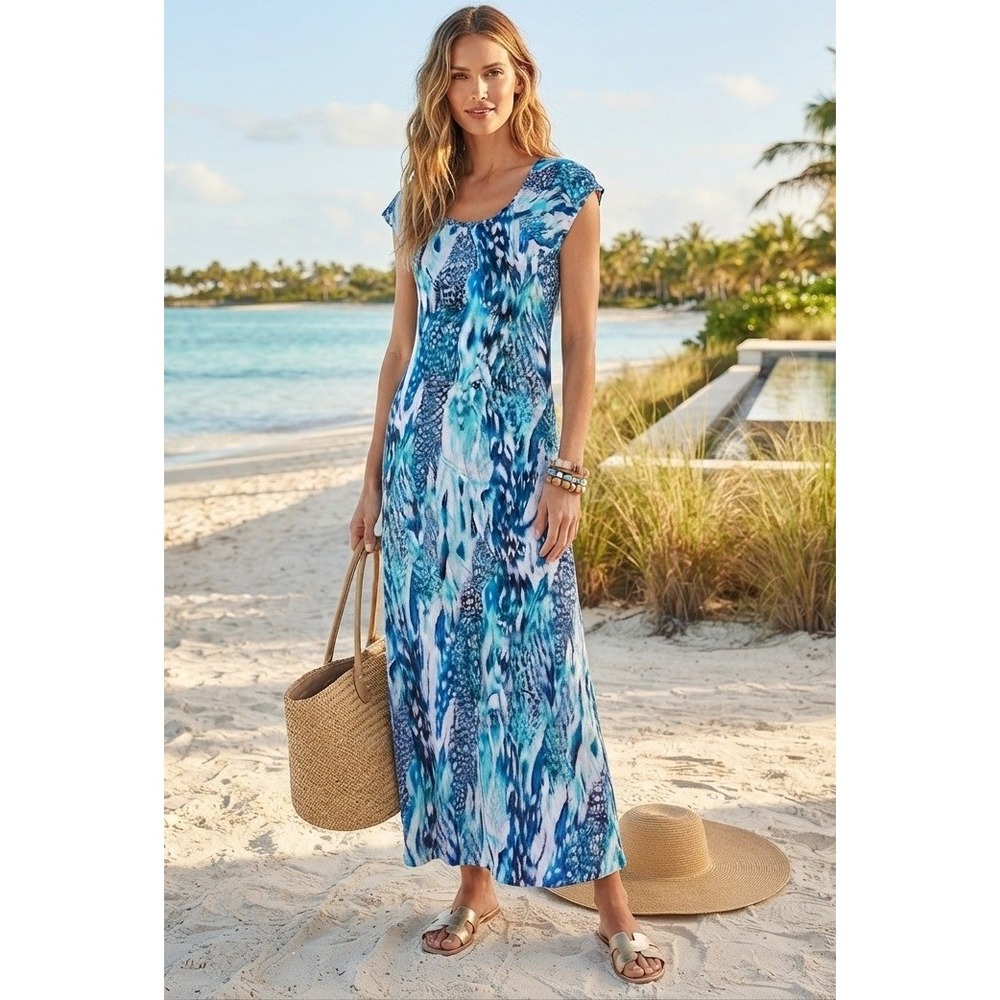 Maxi Cover Up Dress Women Blue Animal Feather Print Coastal Cap Sleeve EUC